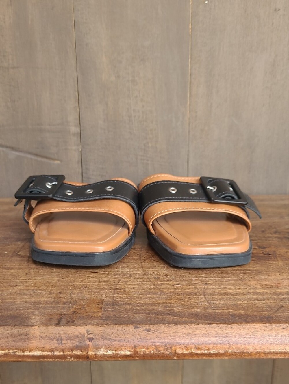 EUC Anthropologie Buckle Slides Women's sz 37/6.5US Cedar/Black Leather Sandals - Picture 5 of 10